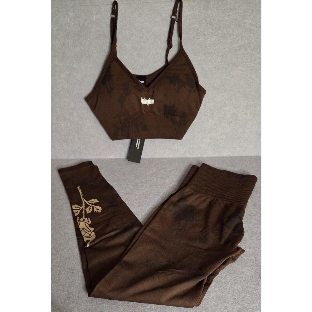 CIVIL REGIME Rose Flame Tie Dye Sports Bra Leggings Set Brown Size S NWT